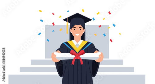 Celebrating academic success: happy graduate with diploma in graduation gown and confetti