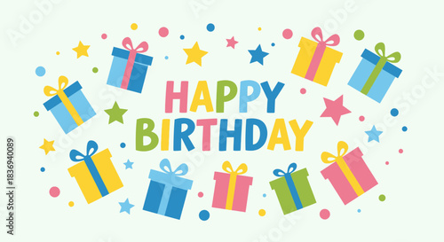 Cheerful Happy Birthday Celebration with Colorful Gifts and Festive Decorations