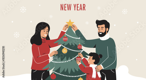 Happy family decorating Christmas tree for new year celebration in cozy home atmosphere