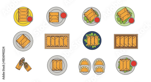 Variety of spring rolls on different plates and trays