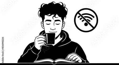 Man enjoys coffee and book without wifi