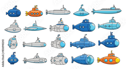Diverse submarine fleet in various shades of blue and orange