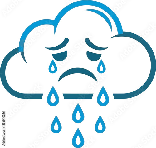 Sad cloud crying raindrops, symbolizing gloomy weather and sadness.