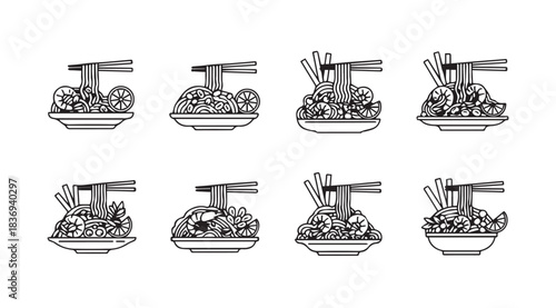 Eight hand drawn sketch style bowls of noodles and chopsticks for asian cuisine collection vector