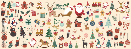 Christmas elements flat vector set with santa claus, elf and reindeer characters and christmas elements and objects in white background. Vector illustration