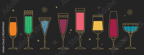 Set of line art retro cocktails or champagne glasses isolated on black background. Vector illustration