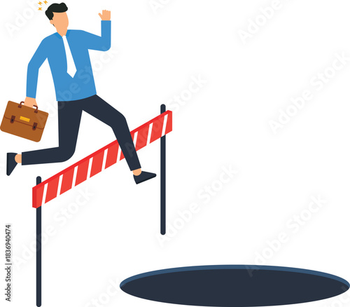 Ambitious employee jumping over corporate hurdle facing business challenge. Overcoming obstacle avoiding pitfall career risk problem solving strategic leap financial trap.