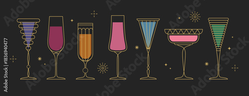 Set of line art retro cocktails or champagne glasses isolated on black background. Vector illustration