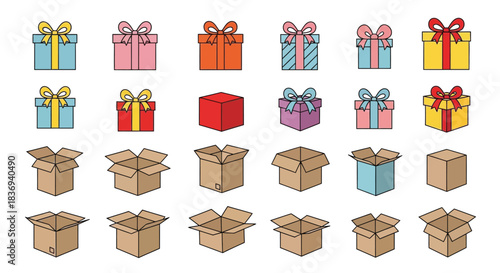 Variety of wrapped gifts and open cardboard boxes for shipping