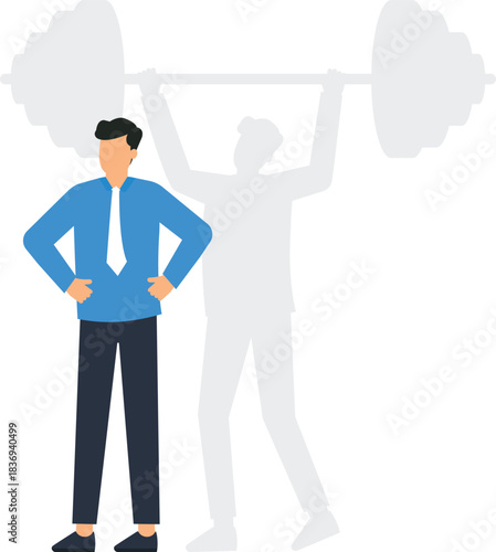 Businessman inner strength concept with a powerful weightlifter shadow showing business success leadership ambition personal growth career goals hidden talent and corporate power