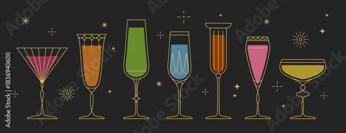 Set of line art retro cocktails or champagne glasses isolated on black background. Vector illustration