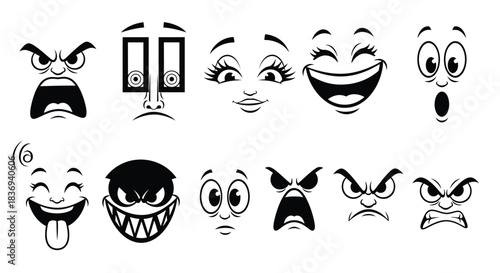 Various cartoon faces with different emotions and expressions