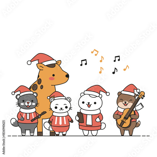 Cute animals singing carols in Santa hats with a festive, cheerful atmosphere