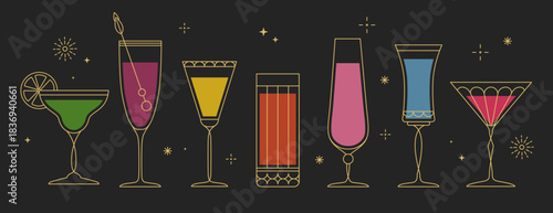 Set of line art retro cocktails or champagne glasses isolated on black background. Vector illustration