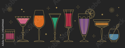 Set of line art retro cocktails or champagne glasses isolated on black background. Vector illustration