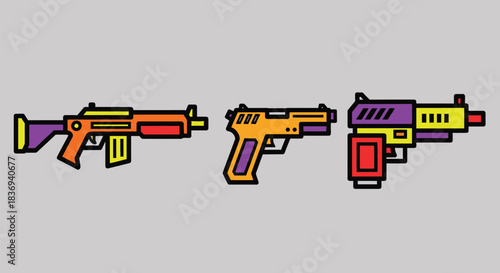 Colorful cartoon toy guns in vibrant hues and styles