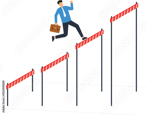 Businessman jumping hurdles career progression business challenge overcoming obstacles corporate growth ambition success determination moving forward professional development