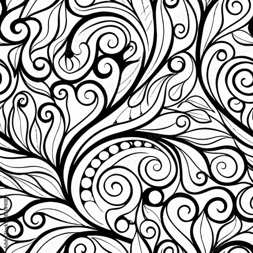 Intricate black and white swirl pattern creating a seamless decorative background