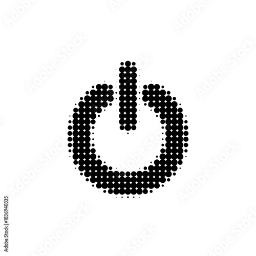 Halftone dotted power button icon in black and white, minimalist digital symbol for technology, interface, energy and startup concepts.