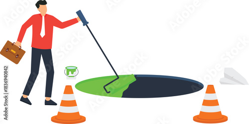 Businessman painting green pathway creating opportunity business solution problem solving corporate strategy innovative idea covering hole future direction career path