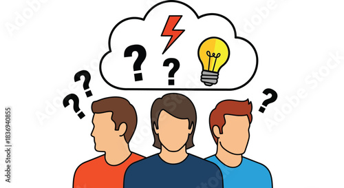 Confused men with question marks and lightbulb idea