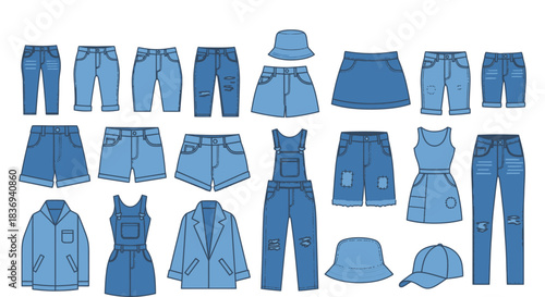 Collection of various blue denim clothing items and accessories