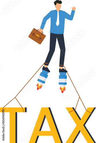 Businessman flying with rockets from tax word for financial growth business success economic boost corporate finance investment concept career ambition tax payment jetpack propulsion