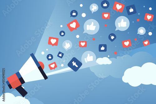 Social media megaphone broadcasting likes hearts and connection symbols
