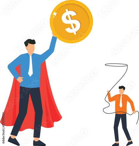 businessman superhero, gold coin, financial success, business leader, investment champion, market dominance, wealth management, economic power, corporate hero, financial growth