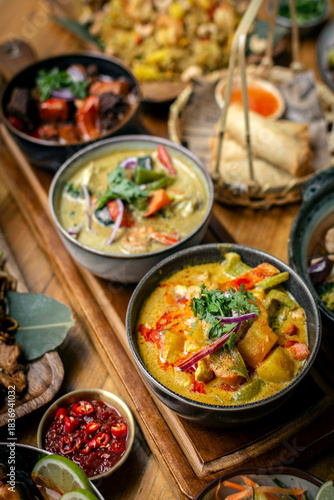 mix of traditional thai curries on restaurant table in phuket thailand