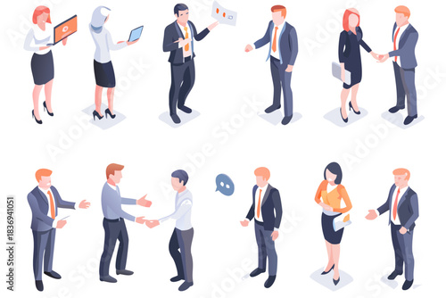 Isometric illustration depicting business professionals in various meeting and agreement scenarios