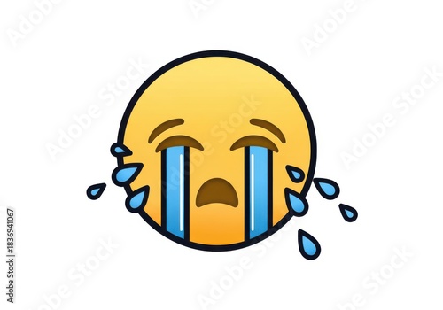 Yellow spherical emoticon expresses intense sadness with streams of tears flowing down its face