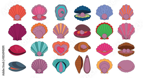 Vibrant seashells with pearls in various colors and shapes
