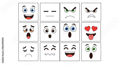 Diverse cartoon faces showing various emotions and expressions