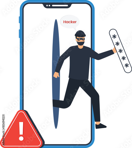 Cyber security threat hacker stealing password from smartphone. Data breach concept with mobile security risk, online fraud, identity theft, phishing scam, digital crime, and privacy invasion.