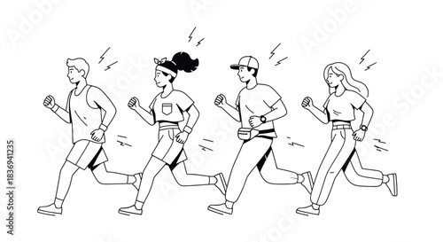 Diverse group of friends running together in casual athletic wear