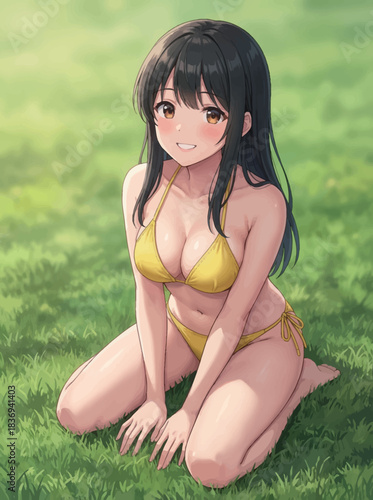 マスタード色のビキニで微笑む女性 Adobe Illustrator Artwork