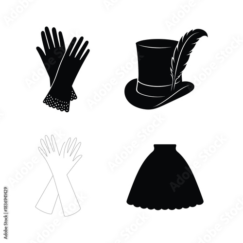 Collection of vintage clothing accessories icons on white background glove gloves