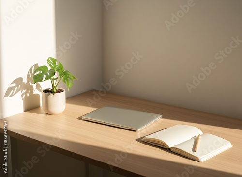 Minimal Home Office Workspace with Laptop and Notebook in Natural Sunlight