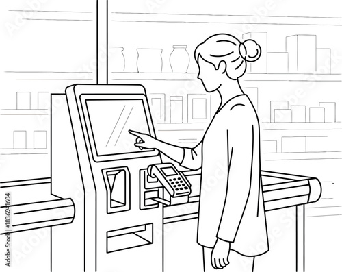 Woman using self-service checkout in a store