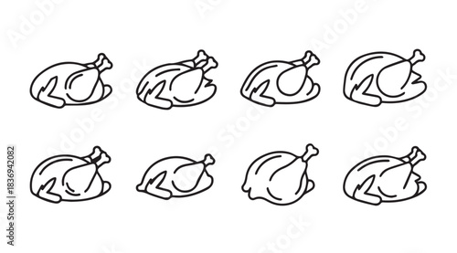 Collection of eight simple outline drawings of roasted whole chickens in various poses vector