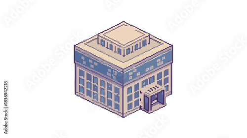 3D render of a building or house symbol made of many colored cubes, illustrating a complex architectural design or business concept structure