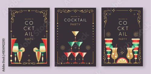 Set of holiday Christmas and New Year cocktails and champagne glasses. Vector illustration