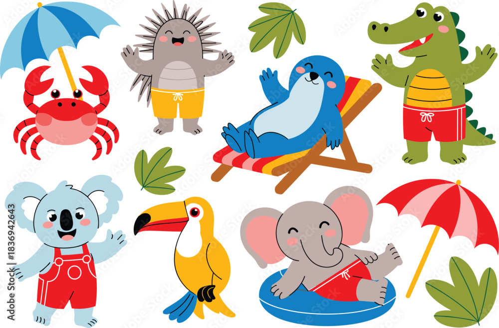 Naklejka premium Cute summer animals relaxing on the beach with umbrellas, floats and tropical elements in colorful fun cartoon vector illustration