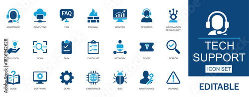 Tech Support Icons Set. Features icons of assistance, computing, FAQ, firewall, help, and operator. Perfect for IT, software, web, apps, and infographics.