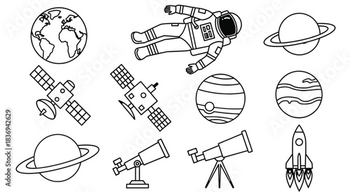 Vibrant space exploration elements with planets and astronaut