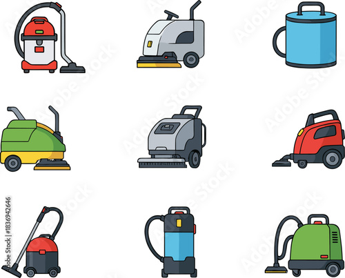 Collection of industrial cleaning machines including vacuum cleaners, floor scrubbers, polishers and professional equipment in detailed vector illustration