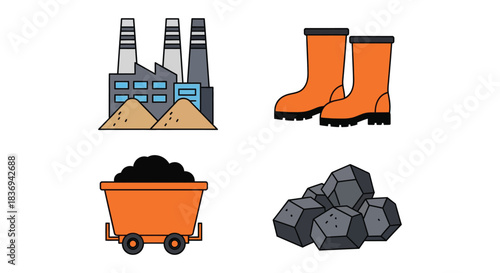 Coal mining industry icons with factory, boots, cart, and coal