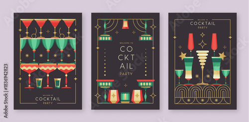 Set of holiday Christmas and New Year cocktails and champagne glasses. Vector illustration