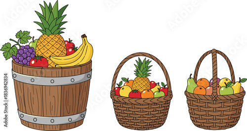 Fruit basket collection with pineapples, bananas, grapes, apples, pears, and assorted produce in rustic wooden and woven containers